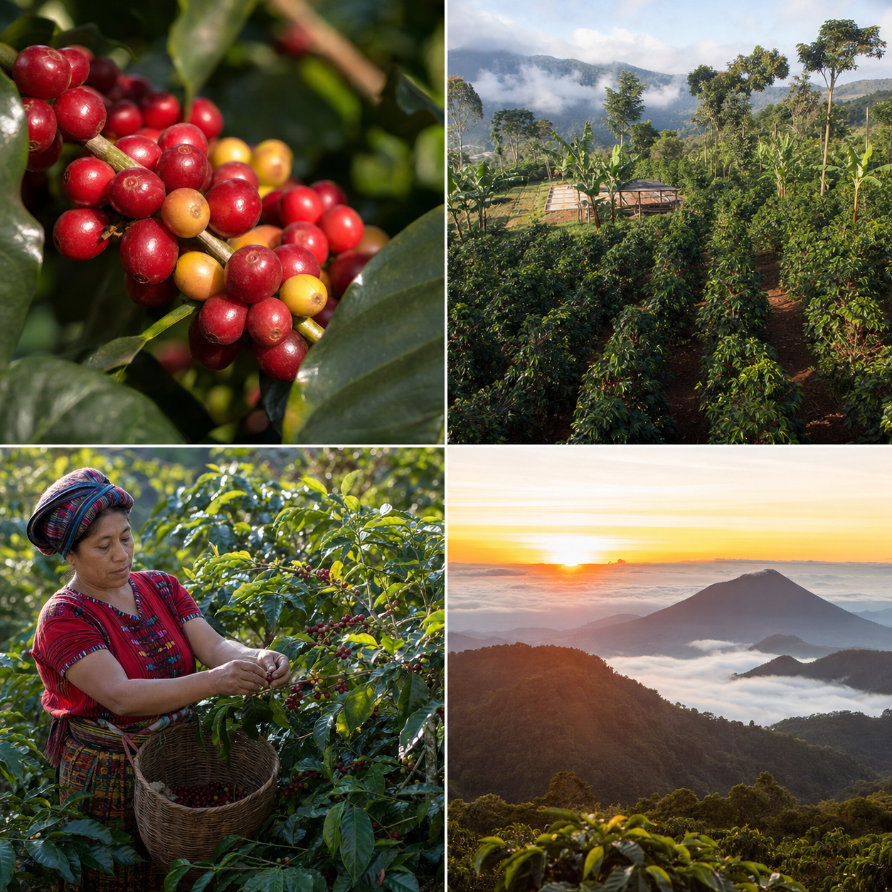 Coffee cherries, farm, picker, or origin landscape.
